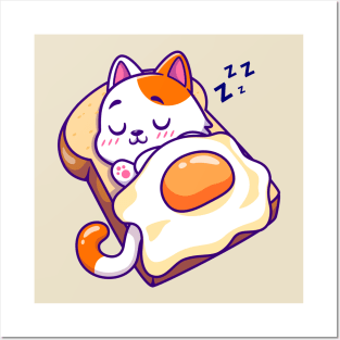 Cute Cat Sleeping On Bread With Egg Blanket Cartoon Posters and Art